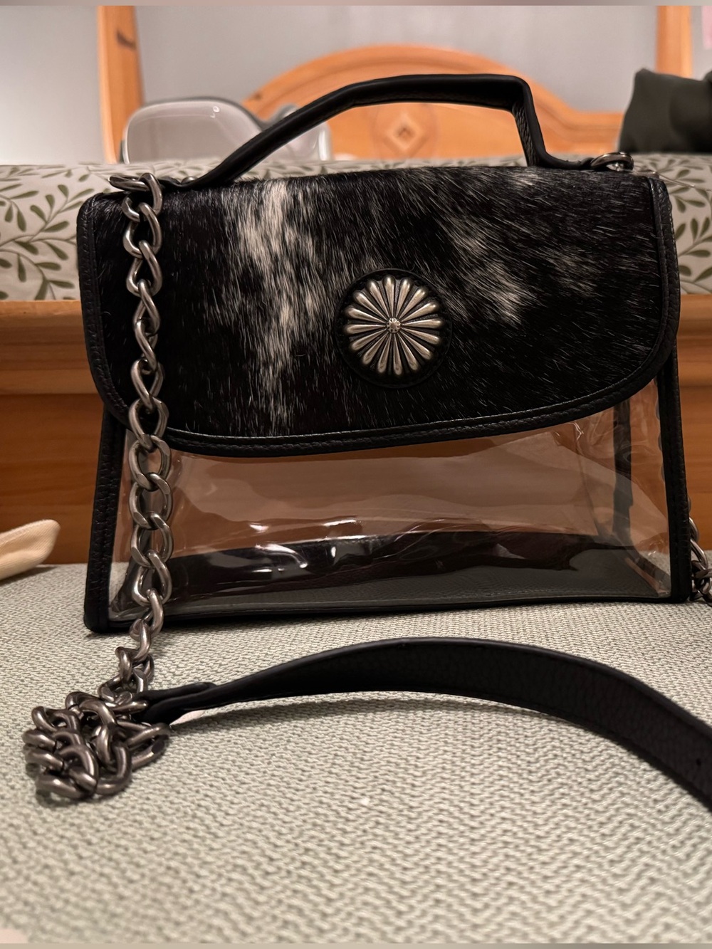 Montana West Clear With Black And White Cowhide Flap And Silver Concho Crossbody